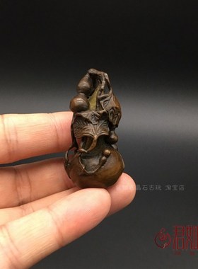 速发实心铜葫芦摆件 包浆全铜多子小葫芦把件带叶子福宠茶禄福字