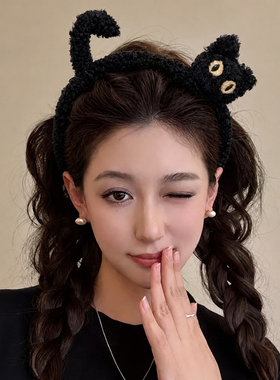 可爱黑色毛绒猫咪发箍女2026新款