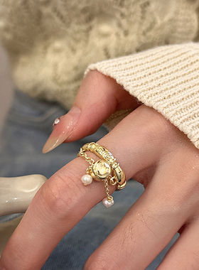 金色笑脸流苏淡水珍珠戒指女新款