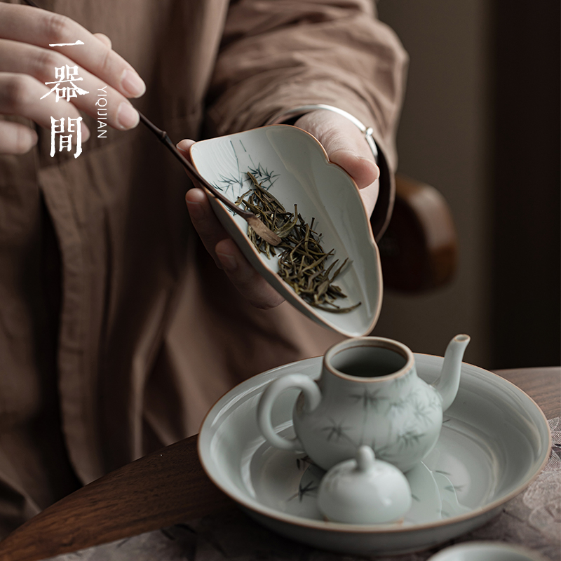 一器间手绘竹子茶则茶拨两件套陶瓷茶荷功夫茶具零配件茶道六君子 - 图1