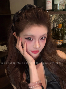 黑色缎面水钻褶皱发箍女