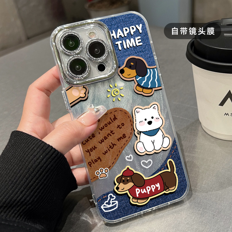 ins牛仔布狗狗适用iphone16pro手机壳17promax苹果15保护套14闪粉全包镜头13情侣男女12日韩卡通可爱plus新款,淘宝优惠券,粉丝福利购,淘宝优惠卷