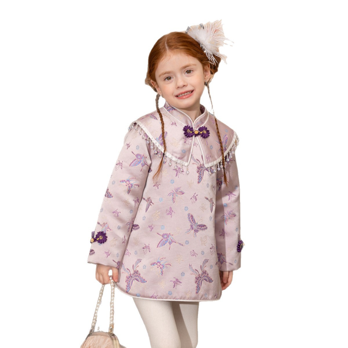 女童25冬季新欢蝴蝶刺绣披肩领盘扣中国风紫色加绒长袖旗袍年款 - 图3