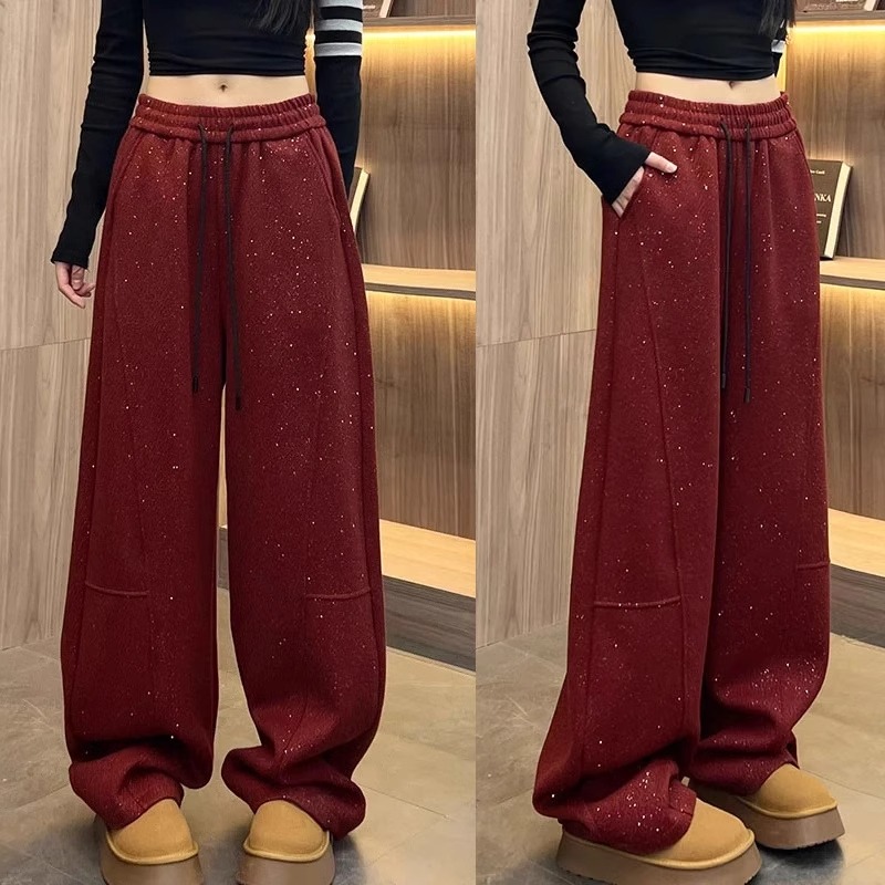 2025春季新款宽松大码女装抽绳阔腿休闲裤梨形身材显瘦弯刀拖地裤 - 图3