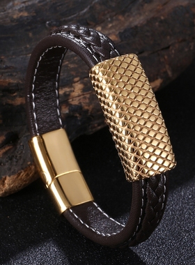 蛇年中国风金色长城纹手牌男士高颜值红色皮绳手链宽版转运红绳男