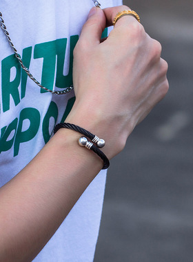 钛钢手镯螺帽金黑色钛钢缆绳手镯潮牌嘻哈情侣男女手环饰品