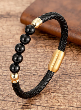 男士高级感天然多宝红黄蓝虎眼石手串男款个性拼接真皮手链转运珠