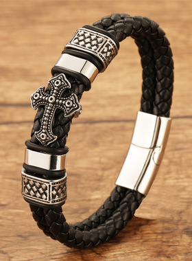 时来运转红色皮绳手链男款霸气长城纹十字架手牌转运红绳本命年