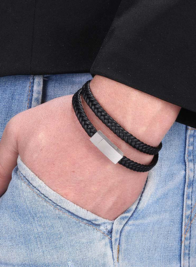 韩版黑色多层缠绕钛钢皮质手饰品