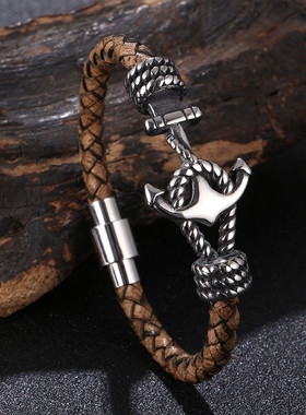 海军风船锚男士黑色真皮手饰品