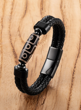 中国风藏式皮质九眼天珠手链男款真皮编织手绳转运保平安礼物男士