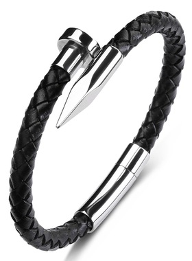 欧美潮牌ins风钉子手镯黑色牛皮绳编织手链男士个性百搭手表配饰