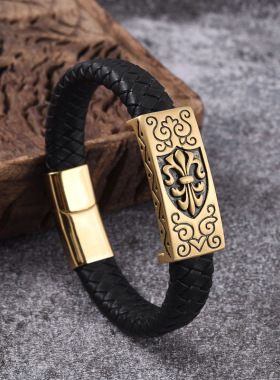 守护金刚结长城纹手牌男士霸气刺青转运珠皮绳手链时来运转手镯男