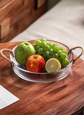 复古麻绳双耳玻璃碗盘手提水果蓝