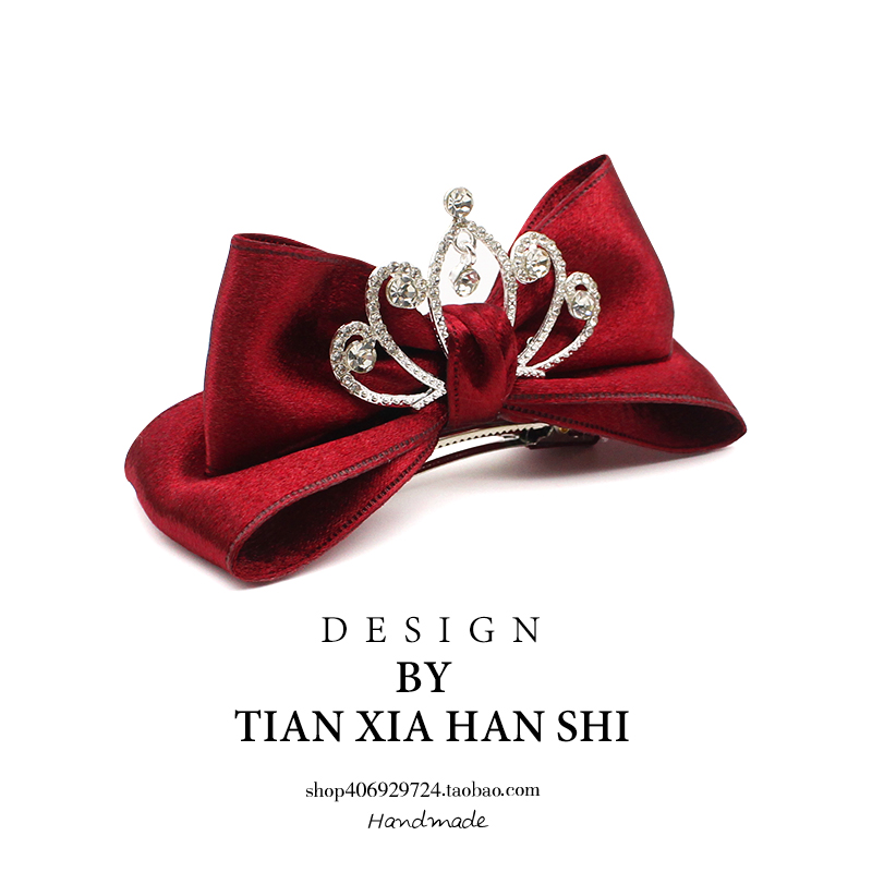 儿童缎面立体蝴蝶结皇冠发夹红色公主顶夹女孩高品质马尾发卡头饰 - 图3