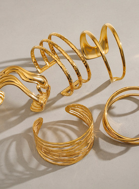 亚瑟欧美不锈钢开口手镯不规则线条多层镂空手饰复古钛钢首饰跨境