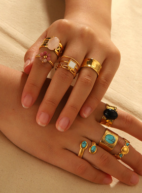 法式复古个性爆款手饰不锈钢镀18K金天然石花朵松石几何开口戒指