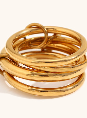 欧美跨境多层双色带钻戒指不锈钢镀18K金气质小众设计爆款手饰女