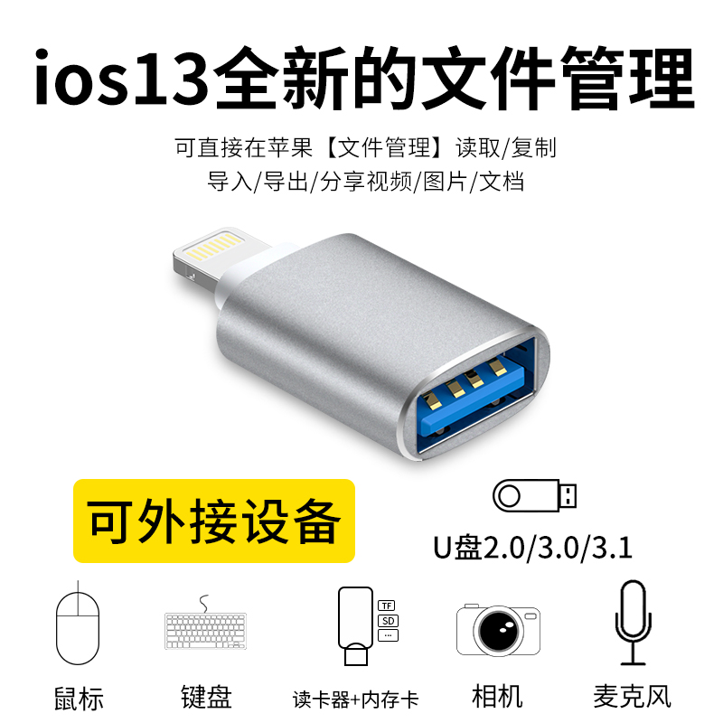 适用苹果OTG转接头外接U盘lightning转USB优盘3.0转换器连接iphone手机iPados平板ipad键盘lighting鼠标IOS13 - 图0