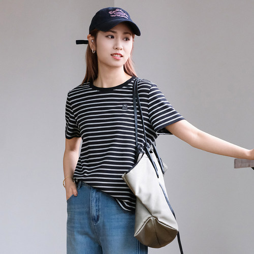 那禾新品圆领条纹短袖T恤女ND61TY1612 - 图0