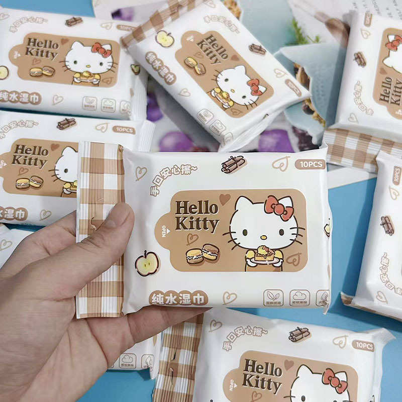 咖色kt猫湿巾10抽学生便携小包湿巾婴儿儿童一次性手口清洁湿纸巾 - 图0