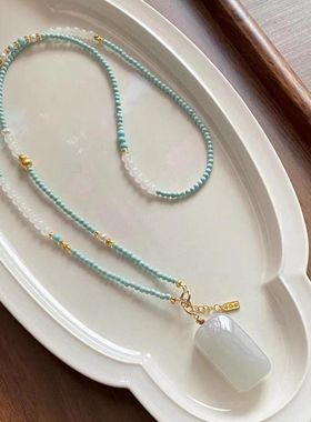 新中式串珠无事牌仿绿松石项链女小众国风高级感万能链长款毛衣链