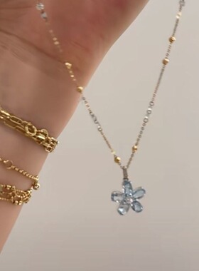 韩系ins彩色蓝色花朵吊坠项链高级感颈链锁骨choker