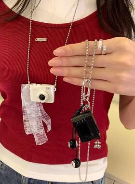咔嚓闪光相机吊坠项链女复古个性嘻哈长款卫衣链独特设计百搭配饰