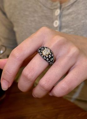 vintager中古宽面黑色椭圆闪钻戒指女轻奢小众高级精致食指戒指环