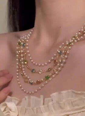 星光彩虹多巴胺气质彩色串珠珍珠多层项链法式新款复古时尚锁骨链