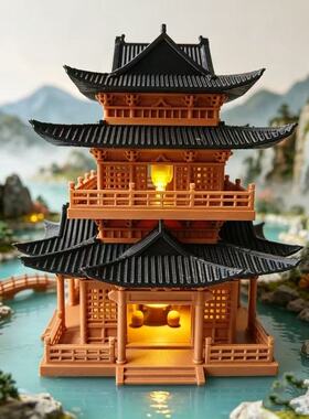 3D打印古建筑模型小房子摆件水陆鱼缸盆景假山古风微景观造景亭子