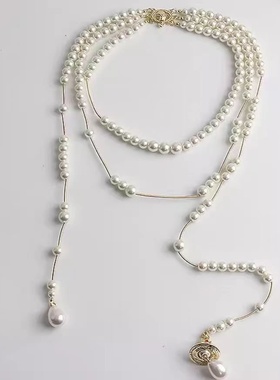 三层不对称施家珍珠毛衣链项链女法式破碎多层感锁骨项链女