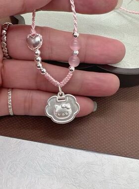 足银999纯银猫咪吊坠项链可爱kitty猫平安锁送女友生日礼物