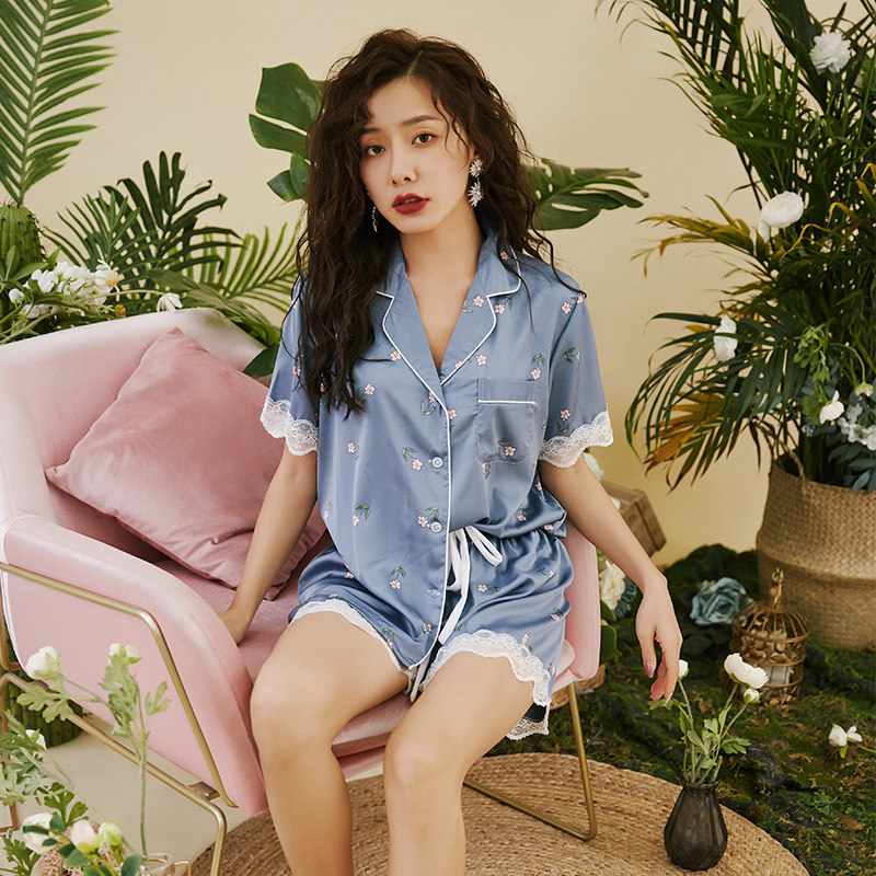韩版夏季冰丝两件套装短袖短裤睡衣 图娅维睡衣/家居服套装