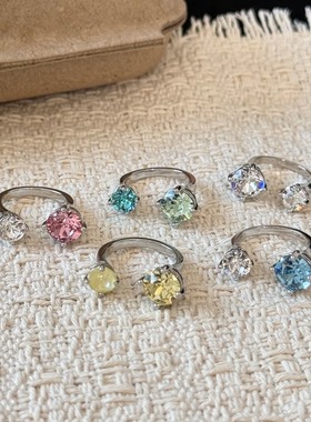 彩色撞色华子锆石爆闪戒指女开口可调节简约高级感亮眼闪亮食指戒