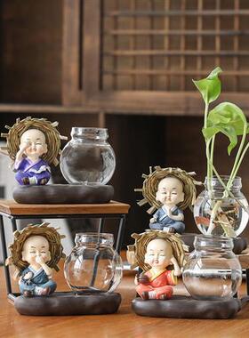热销树脂大草帽四不和尚车内饰品创意汽车摆件巴西木水培花盆摆设