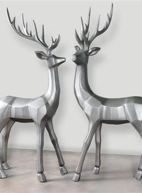 仿不锈钢鹿雕塑摆件银色金属梅花鹿酒店售楼部园林景观道具小品