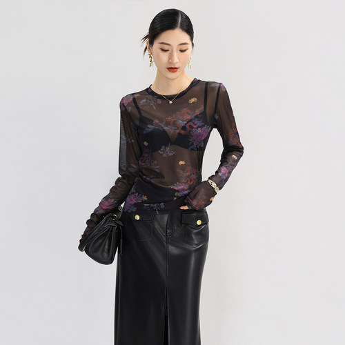 蕾丝打底衫女内搭黑色叠穿独特别致印花透明网纱上衣轻奢高级感薄 - 图3