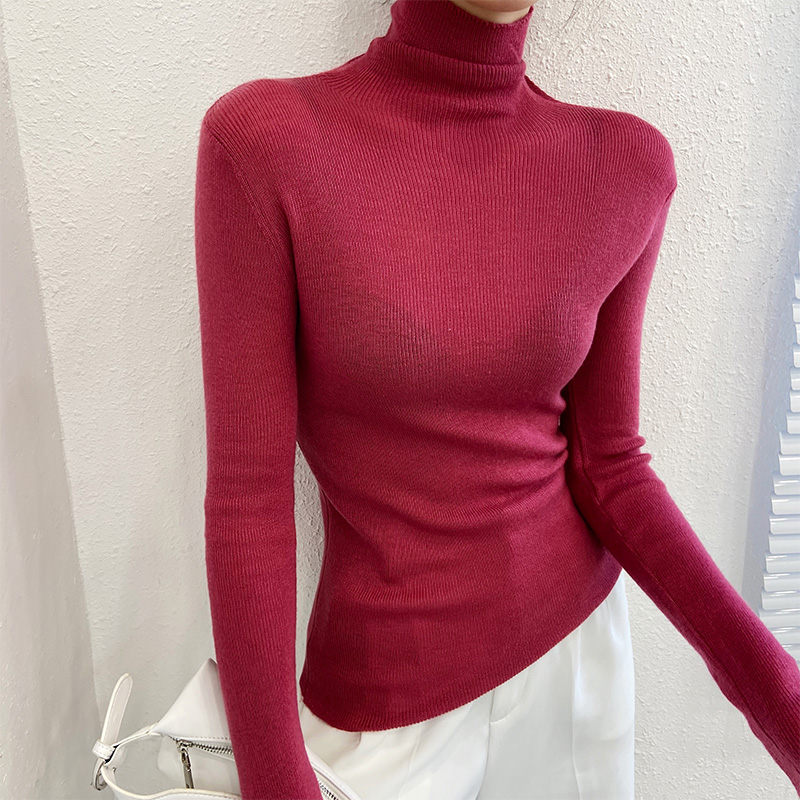 羊绒高领打底衫女秋冬薄款微透修身堆堆领针织衫贴身t恤内搭洋气 - 图1
