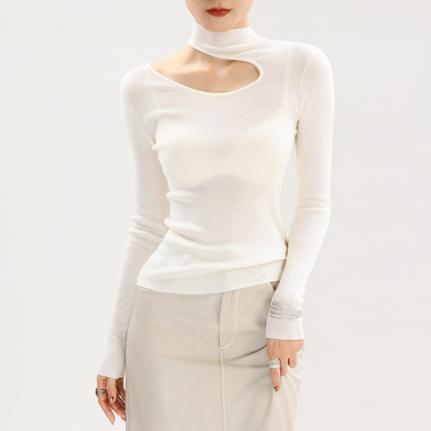 灰色高领挂脖打底衫女高端修身洋气镂空上衣高质量软糯羊毛针织衫,淘宝优惠券,粉丝福利购,淘宝优惠卷