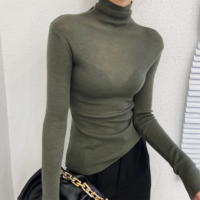 羊绒高领打底衫女秋冬薄款微透修身堆堆领针织衫贴身t恤内搭洋气 - 图3