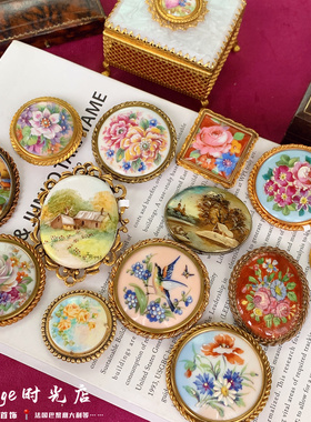 Vintage 法国利摩日手工绘画 陶瓷胸针艺术品，绘画主题鲜明胸花