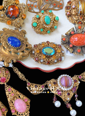 vintage中古West Germany西德琉璃胸针琉璃项链法国琉璃老胸针