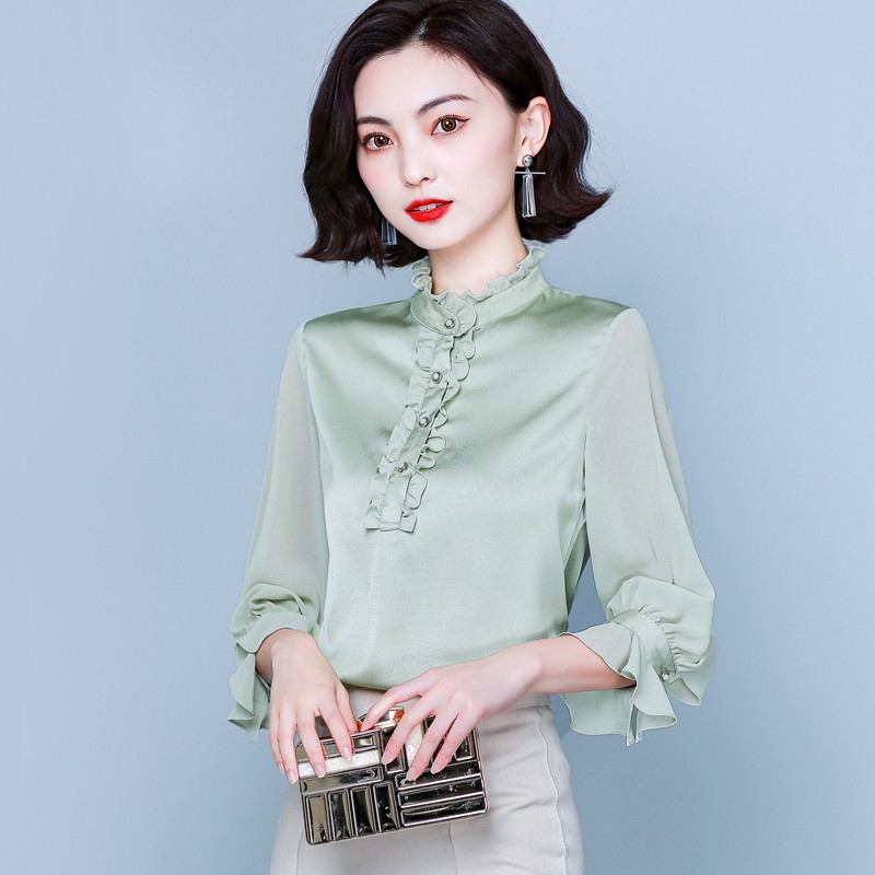 雪纺2020秋季新款木耳边气质衬衫 乔凝蕾丝衫/雪纺衫