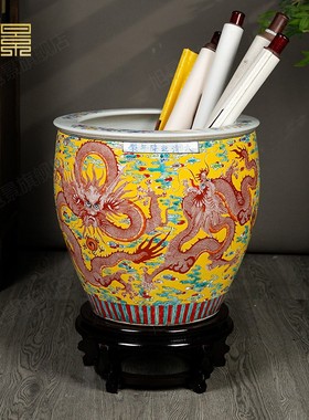 手绘仿古龙纹陶瓷书画缸