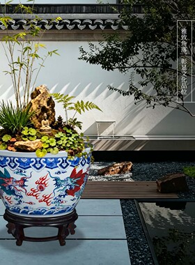 景德镇青花瓷手绘双龙卷轴缸