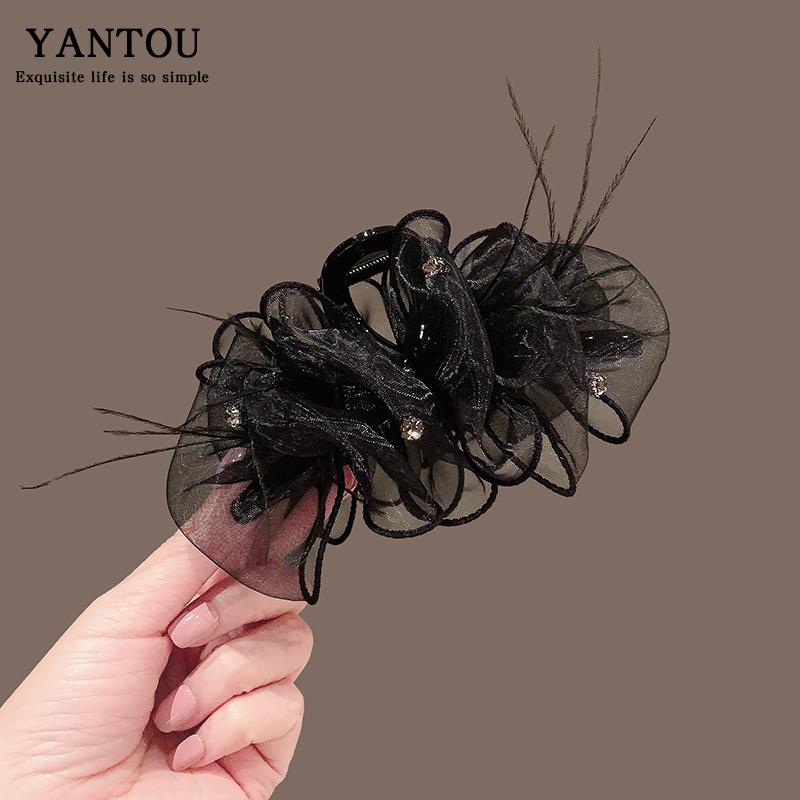 2024新款黑色羽毛抓夹女网纱发夹后脑勺鲨鱼夹蓬松增发量头饰发卡 - 图0