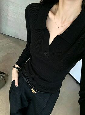 老钱风坑条POLO领针织长