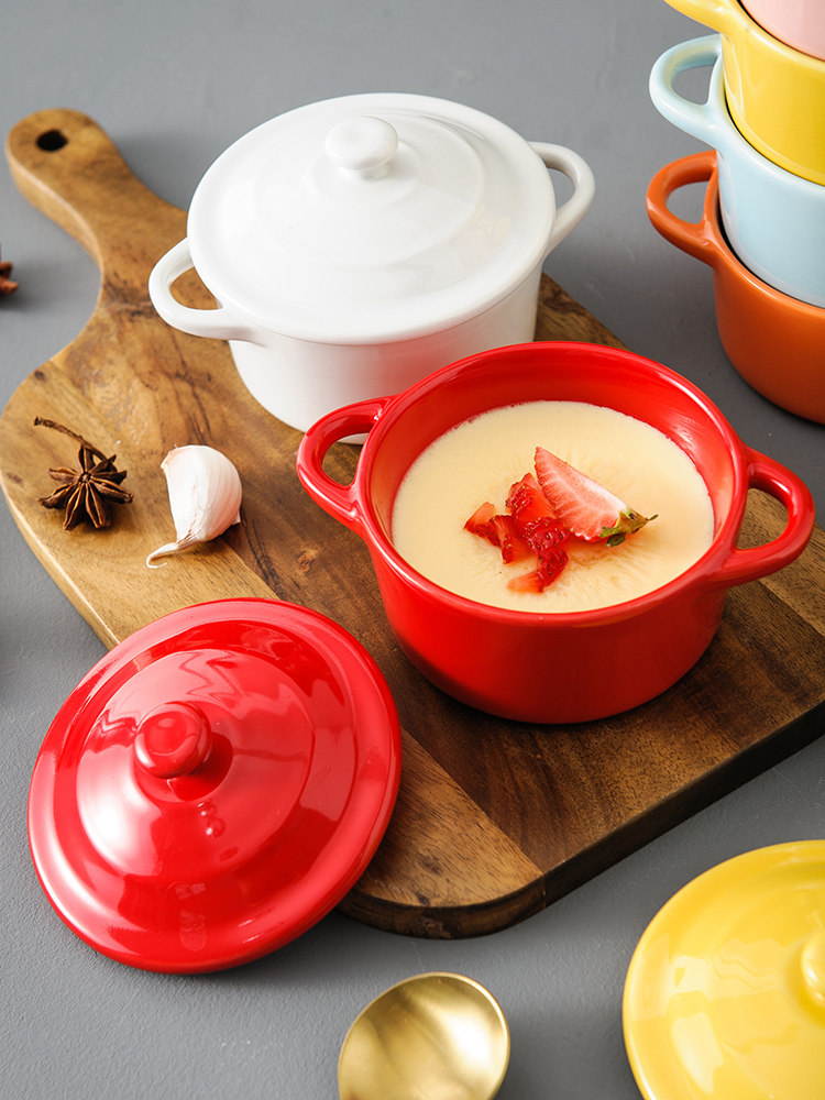 宝宝蒸蛋碗婴儿耐高温陶瓷带盖蒸蛋羹辅食水蒸蛋碗双耳儿童家用碗