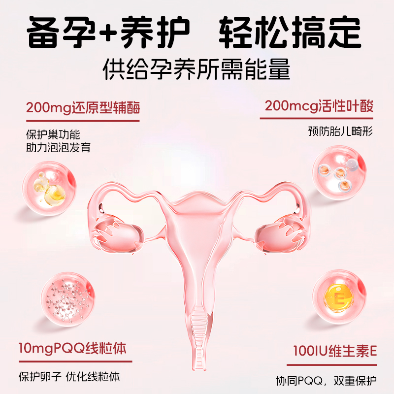 备孕女辅酶q10还原pqq卵泡提高质量卵子美国官方旗舰店正品200mg